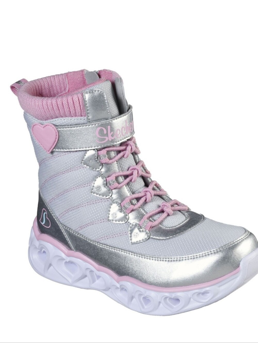 Skechers Silver & Pink Hearts  Light-Up Boot Size 3 See Video Light Up